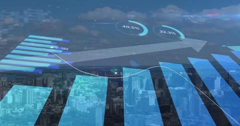 Image of statistics with arrow and financial data processing over cityscape in Ilustración de archivo