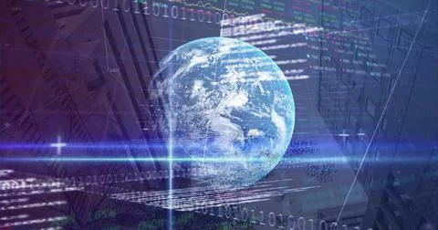 Image of statistics, binary coding and financial data processing over globe Stock Illustration
