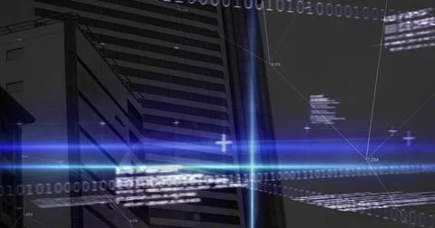 Image of statistics, binary coding and financial data processing over grid Illustrazione stock