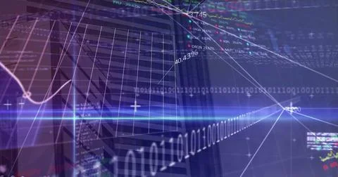 Image of statistics, binary coding and financial data processing over grid イラスト素材