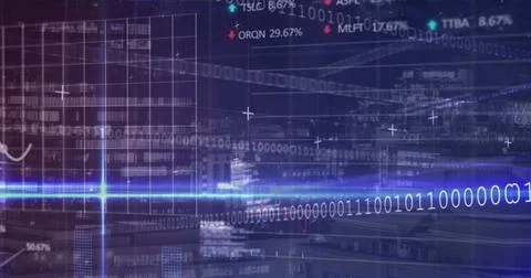 Image of statistics, binary coding and financial data processing over grid Illustrazione stock