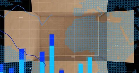 Image of statistics data processing over world map and cardboard box Stock Illustration