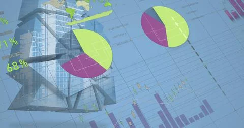 Image of statistics with data processing over modern building on blue background Stock Photos