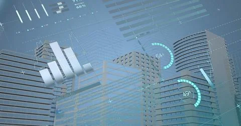 Image of statistics with data processing over cityscape Stock Photos