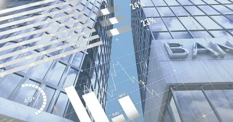 Image of statistics with data processing over bank building Foto stock