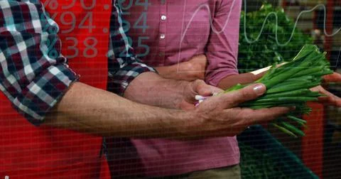 Image of statistics data processing over caucasian man working in supermarket 스톡 사진