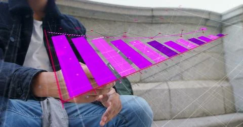 Image of statistics data processing over biracial man using smartphone Stock Photos