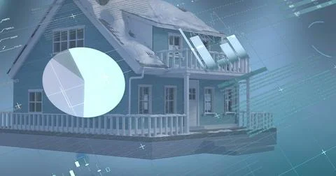 Image of statistics with data processing over house on blue background Stock Photos