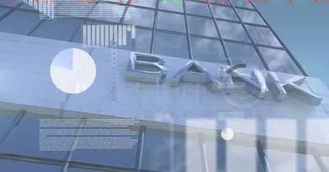 Image of statistics with data processing over bank building 写真素材