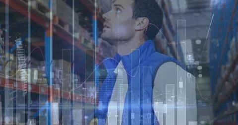 Image of statistics financial data processing over man working in warehouse Illustrazione stock