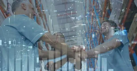 Image of statistics financial data processing over people stacking hands in Stock Photos