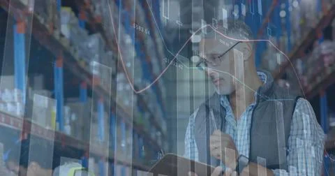 Image of statistics financial data processing over man working in warehouse 스톡 사진