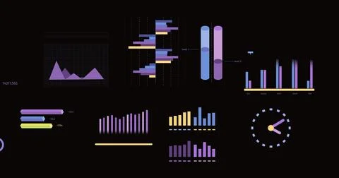 Image of statistics, graphs and financial data processing over black background Illustrazione stock
