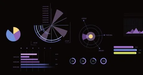 Image of statistics, graphs and financial data processing over black background Stock Illustration