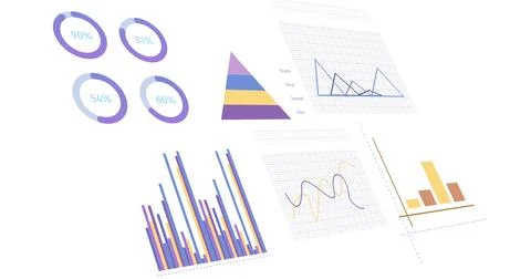 Image of statistics, graphs and financial data processing over white background Stock Illustration