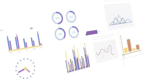Image of statistics, graphs and financial data processing over white background Stock Photos