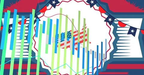 Image of statistics over map and flag of united states of america Ilustração Stock