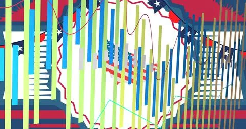 Image of statistics over map and flag of united states of america Ilustração Stock