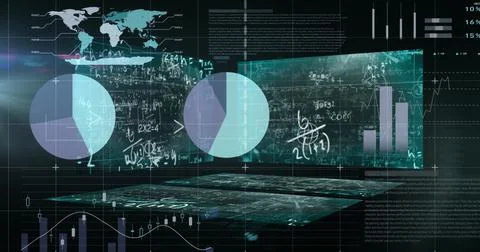 Image of statistics processing and financial data on screens over world map 스톡 일러스트
