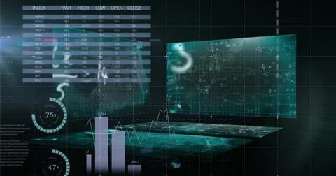 Image of statistics processing and financial data on screens over world map 스톡 일러스트
