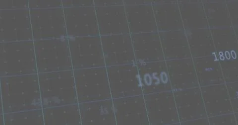 Image of statistics processing with lines over world map with grid on grey Ilustração Stock