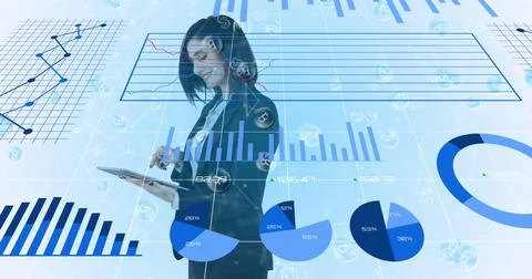 Image of statistics processing with numbers over businesswoman Stock Photos