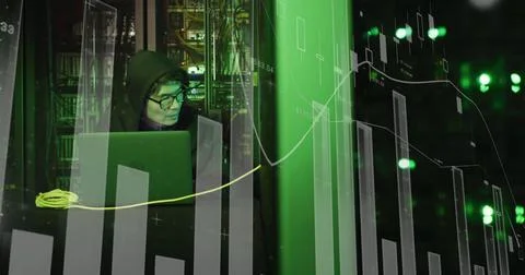 Image of statistics processing over asian male hacker in hoodie with laptop by 库存照片