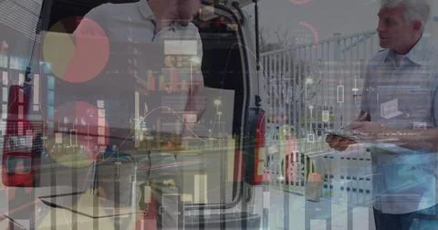 Image of statistics processing over delivery man with cardboard boxes Illustrazione stock