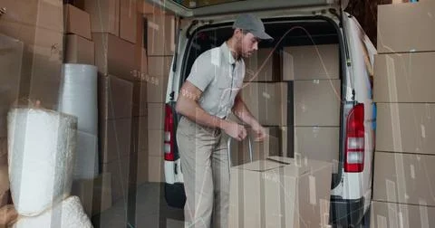 Image of statistics processing over delivery man with cardboard boxes イラスト素材