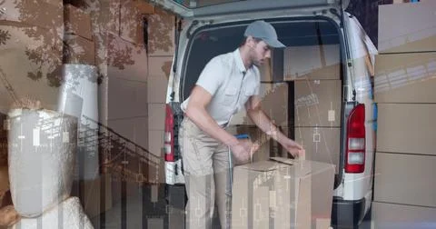 Image of statistics processing over delivery man with cardboard boxes Illustrazione stock