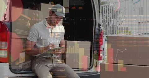 Image of statistics processing over delivery man with cardboard boxes Illustrazione stock