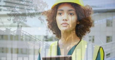 Image of statistics processing over female architect using tablet at Stock Photos