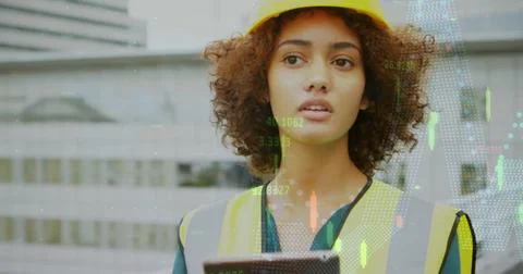 Image of statistics processing over female architect using tablet at Stock Photos