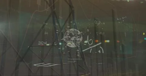 Image of statistics processing over mathematical equations and globe Illustrazione stock
