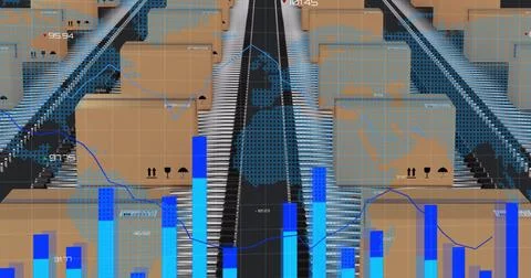 Image of statistics processing over world map and cardboard boxes on conveyor Foto stock