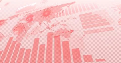 Image of statistics recording and data processing with covid 19 cells floating 스톡 일러스트