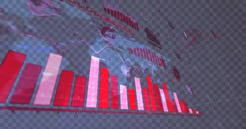 Image of statistics recording and data processing with covid 19 cells floating Stock Illustration