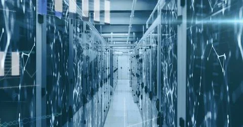 Image of statistics recording and data processing over tech room with computer Foto stock