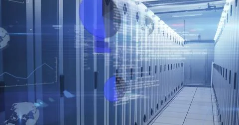 Image of statistics recording and data processing over tech room with computer 스톡 사진
