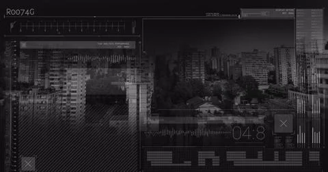 Image of statistics recording and data processing over cityscape 스톡 사진