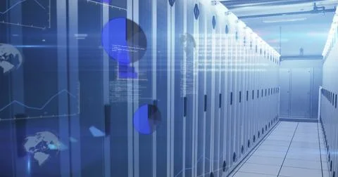 Image of statistics recording and data processing over tech room with computer Stock Photos