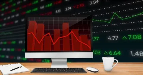 Image of statistics recording on computer screen with financial data processing Foto stock