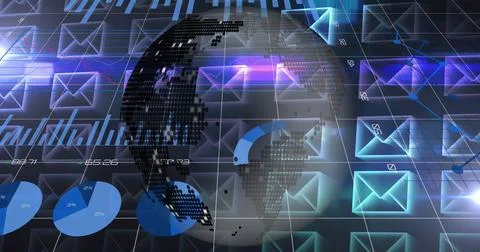 Image of statistics recording over globe with rows of digital envelopes Stock Illustration