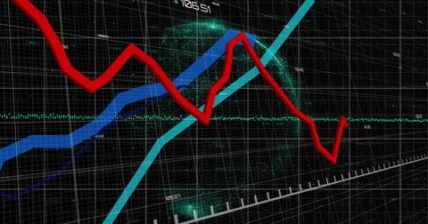 Image of statistics with red and blue lines and data processing over globe and Stock Photos