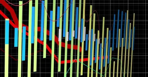 Image of statistics with red and green lines and data processing over grid 写真素材