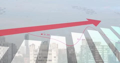 Image of statistics with red arrow and financial data processing over cityscape Ilustración de archivo