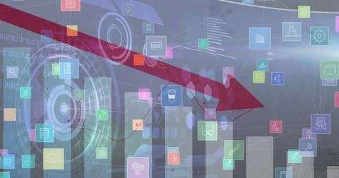 Image of statistics with red arrow pointing down and digital icons 스톡 사진