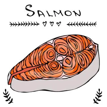 Image Steak of Red Fish Salmon for Seafood Menu. Ink Vector Illustration Stock Illustration