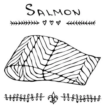 Image Steak of Red Fish Salmon for Seafood Menu. Ink Vector Illustration Stock Illustration
