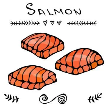 Image Steak of Red Fish Salmon for Seafood Menu. Ink Vector Illustration Stock Illustration